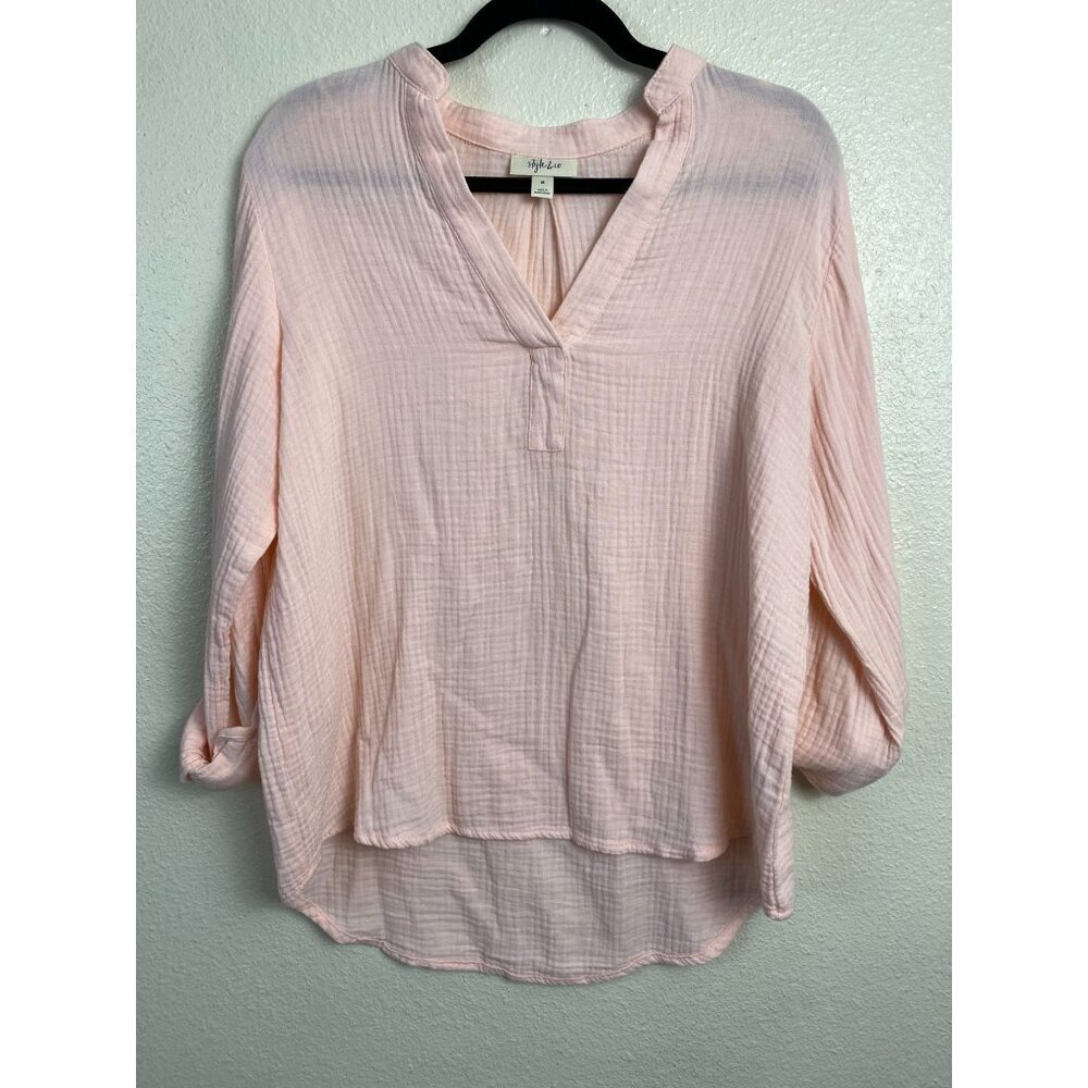 Style & Co Gauzy Cotton Peach Pink Women size Medium‎ Roll Tab Long Sleeve